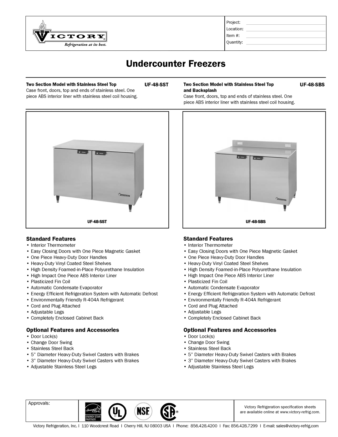 Victory Refrigeration UF-448-SSST specifications Undercounter Freezers, Standard Features, UF-48-SST, UF-48-SBS 