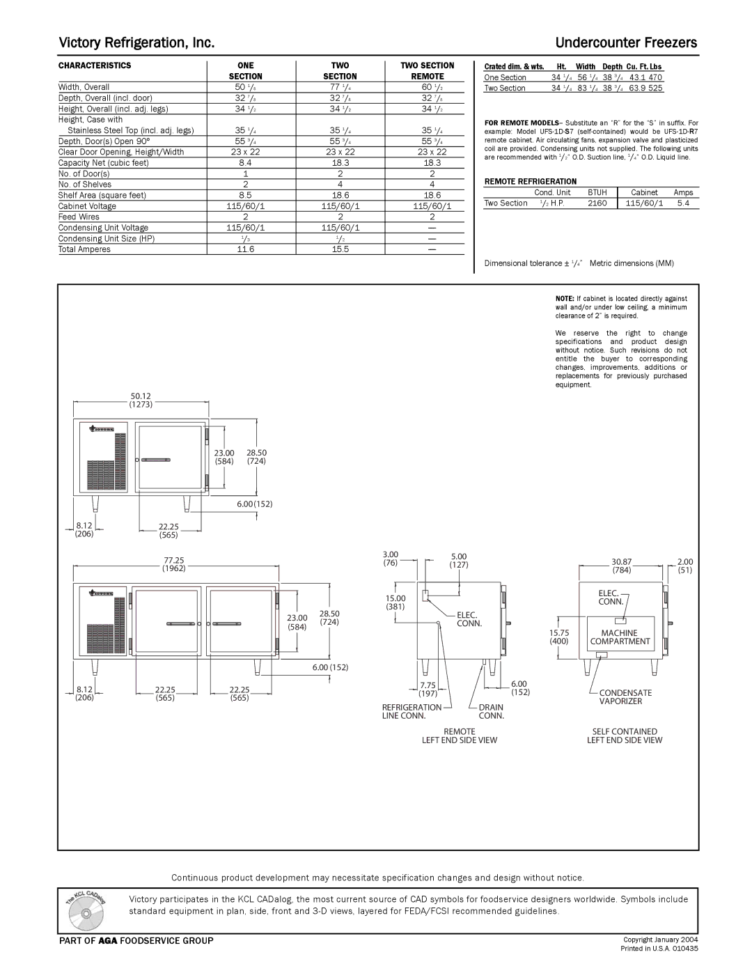 Victory Refrigeration UFS-1-S7, UFS-2-S7 specifications Victory Refrigeration, Inc 