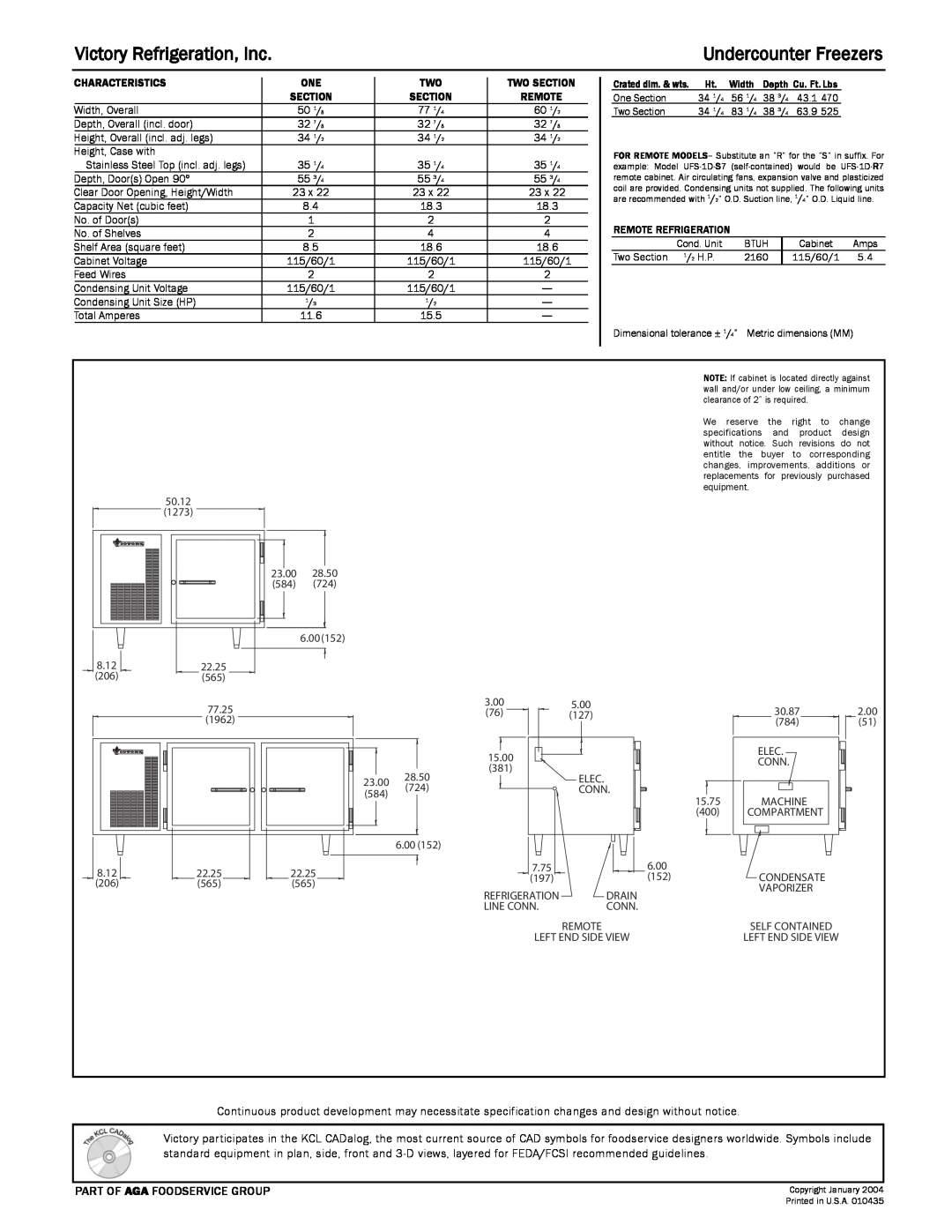 Victory Refrigeration UFS-1-S7, UFS-2-S7 specifications Victory Refrigeration, Inc, Undercounter Freezers 