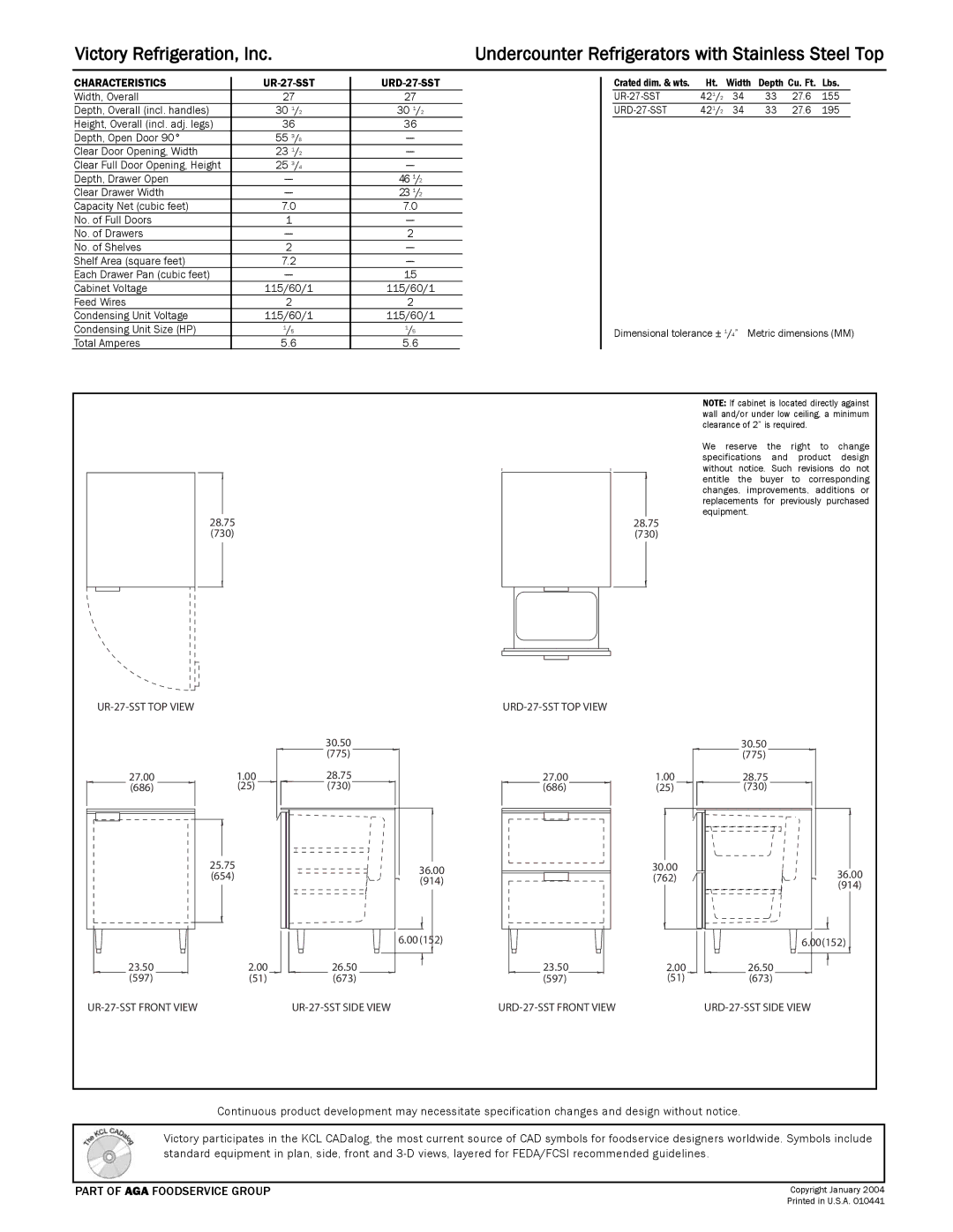 Victory Refrigeration specifications Characteristics UR-27-SST URD-27-SST 