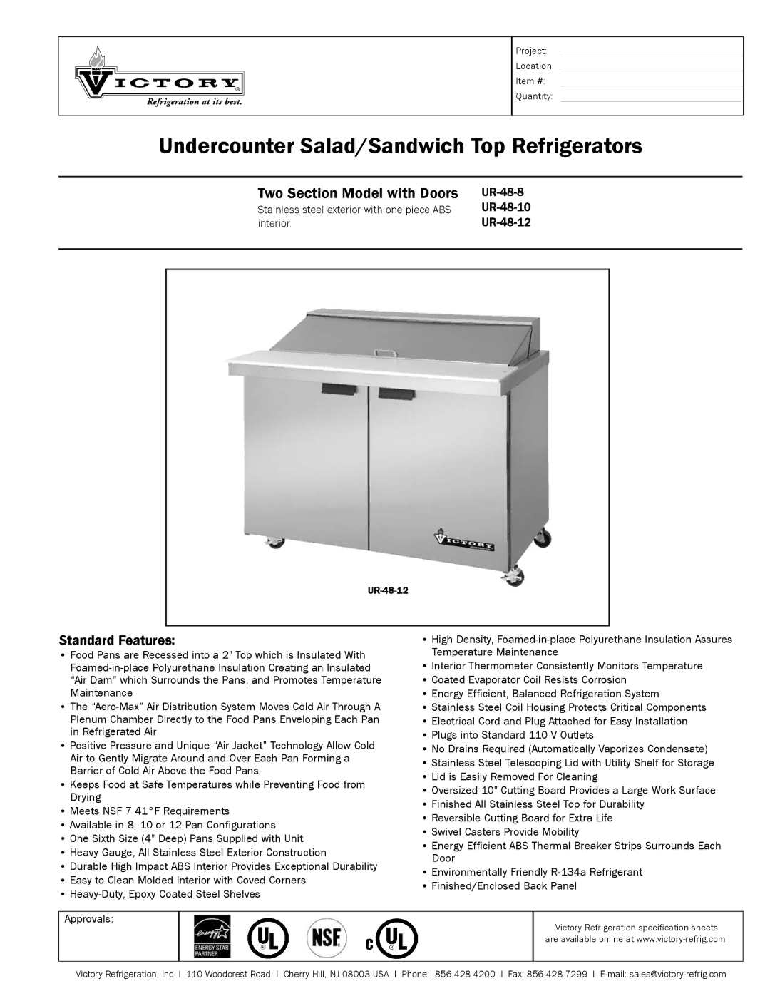 Victory Refrigeration UR-48-12 specifications Undercounter Salad/Sandwich Top Refrigerators, Two Section Model with Doors 