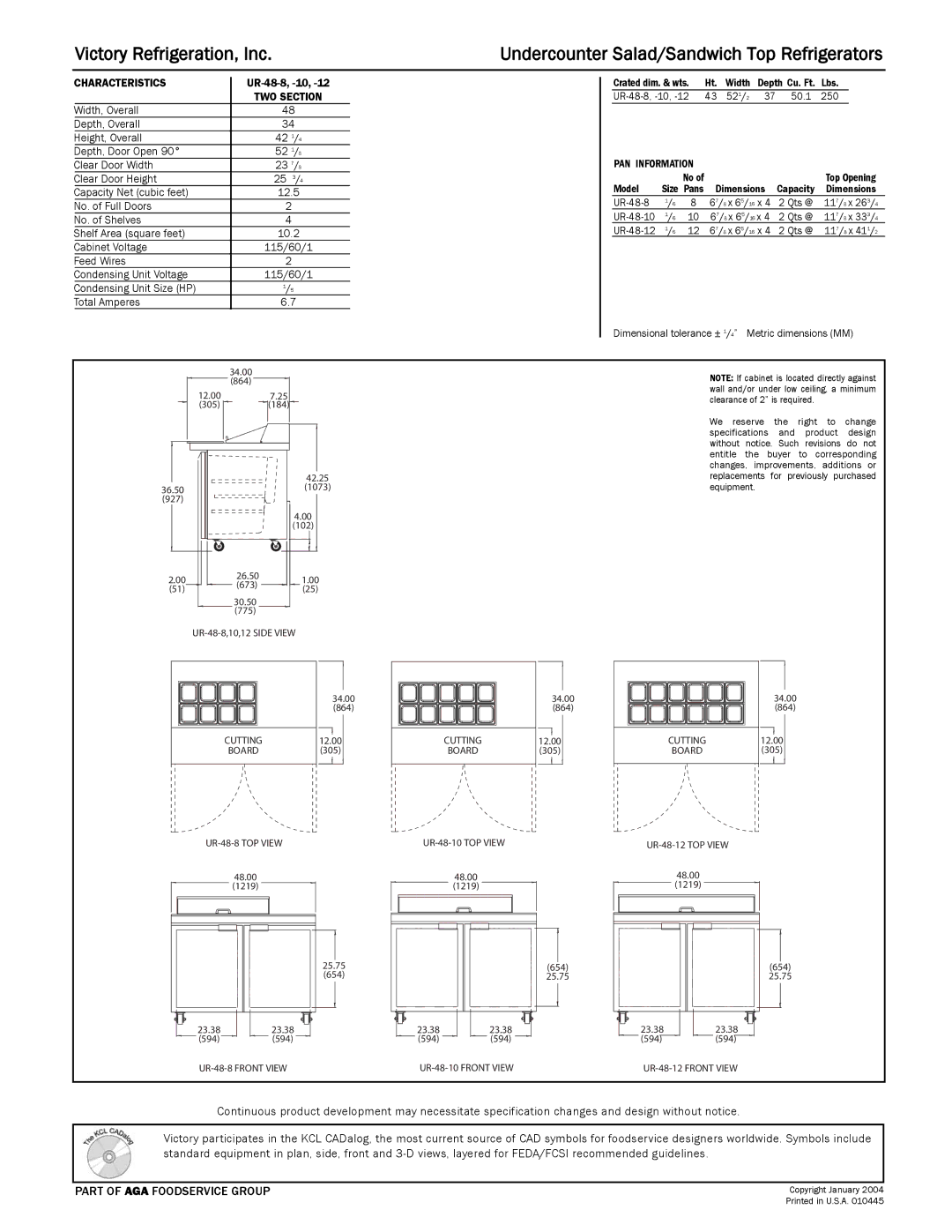 Victory Refrigeration UR-48-10, UR-48-8, UR-48-12 specifications Characteristics 