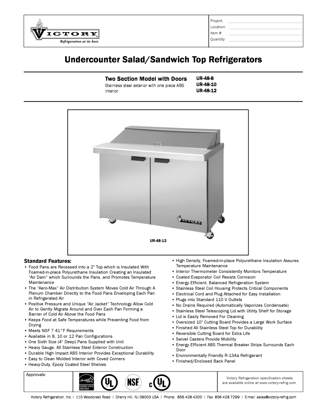 Victory Refrigeration UR-48-12 specifications Undercounter Salad/Sandwich Top Refrigerators, Two Section Model with Doors 