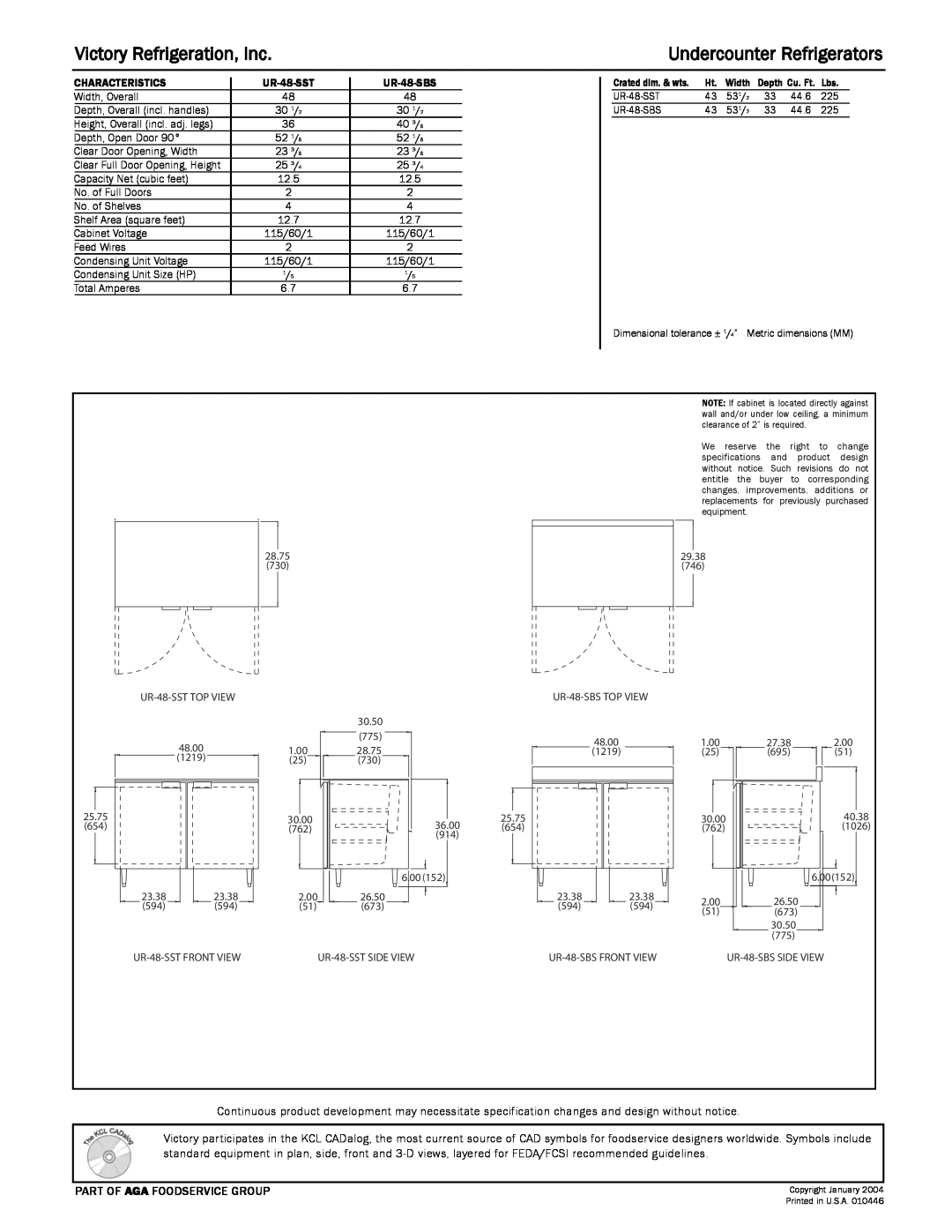Victory Refrigeration UR-48-SST, UR-48-SBS specifications Victory Refrigeration, Inc, Undercounter Refrigerators 