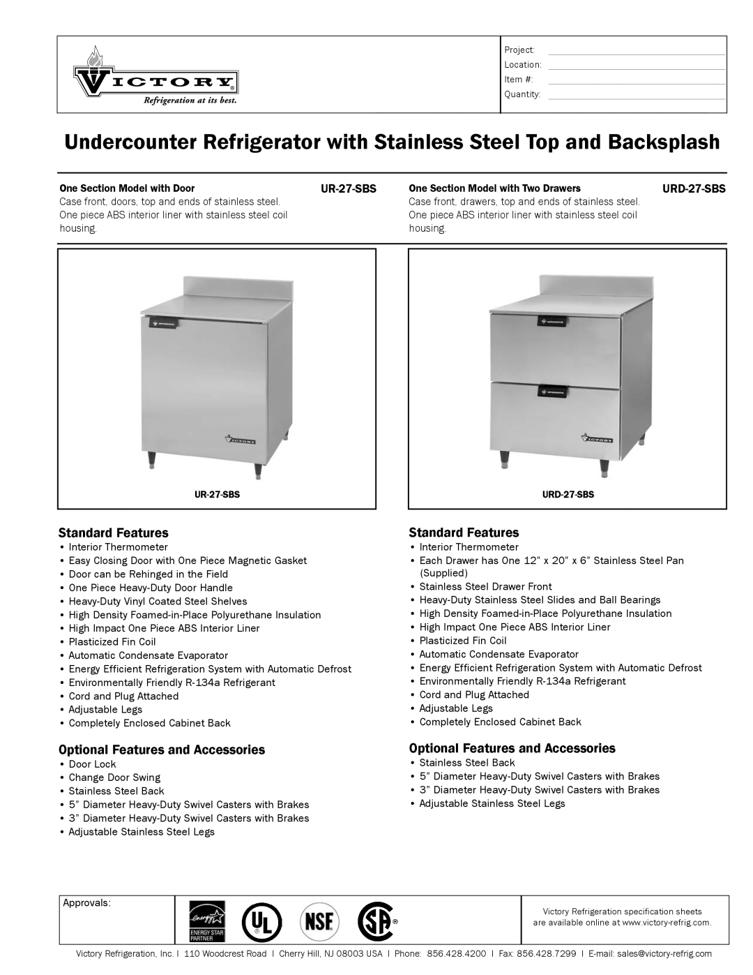 Victory Refrigeration UR-27-SBS specifications Standard Features, Optional Features and Accessories, URD-27-SBS 