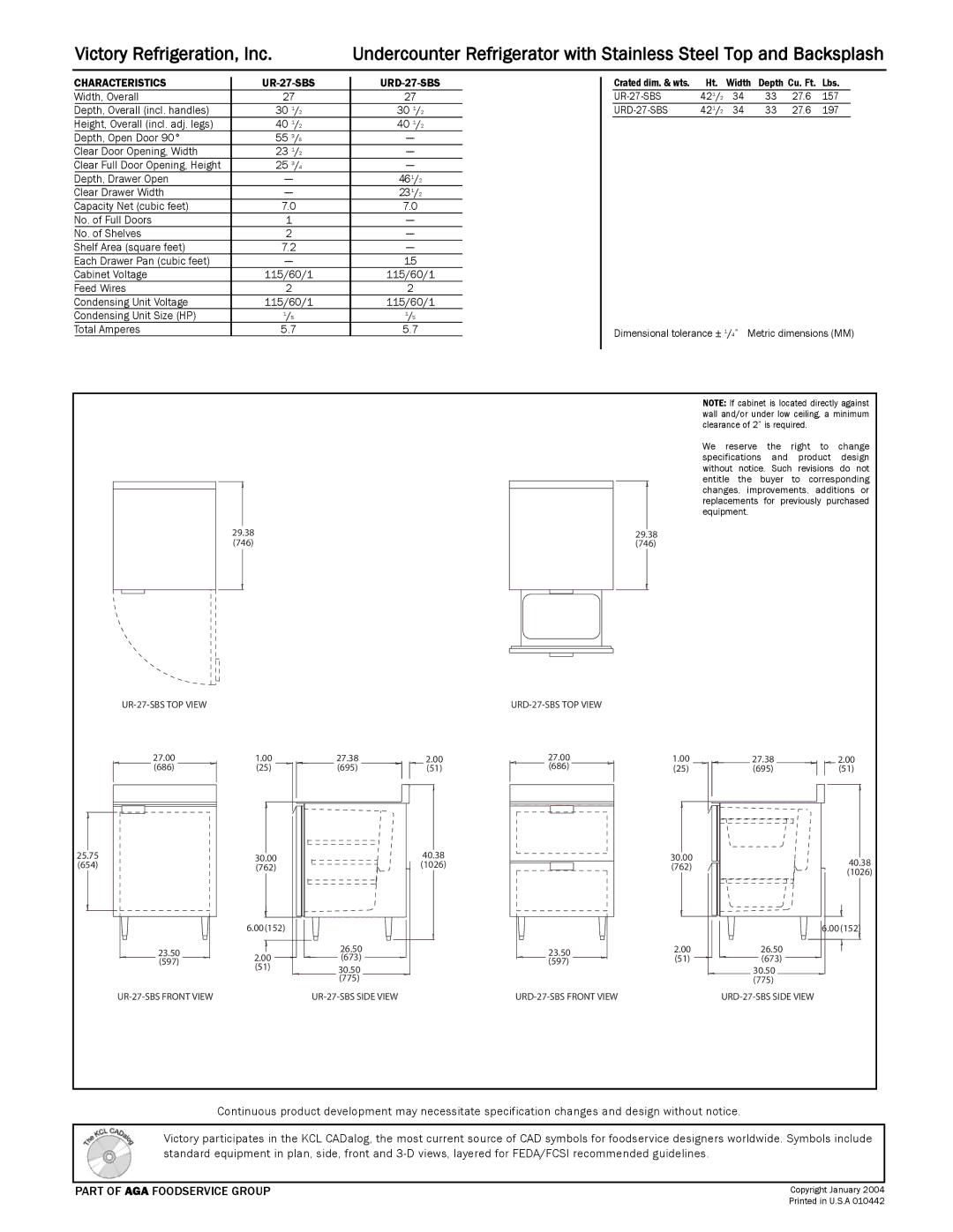 Victory Refrigeration specifications Characteristics UR-27-SBS URD-27-SBS 