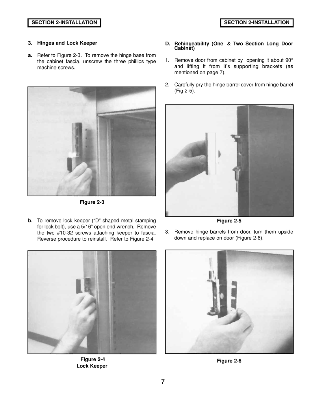 Victory Refrigeration V-Series manual Hinges and Lock Keeper, Rehingeability One & Two Section Long Door Cabinet 