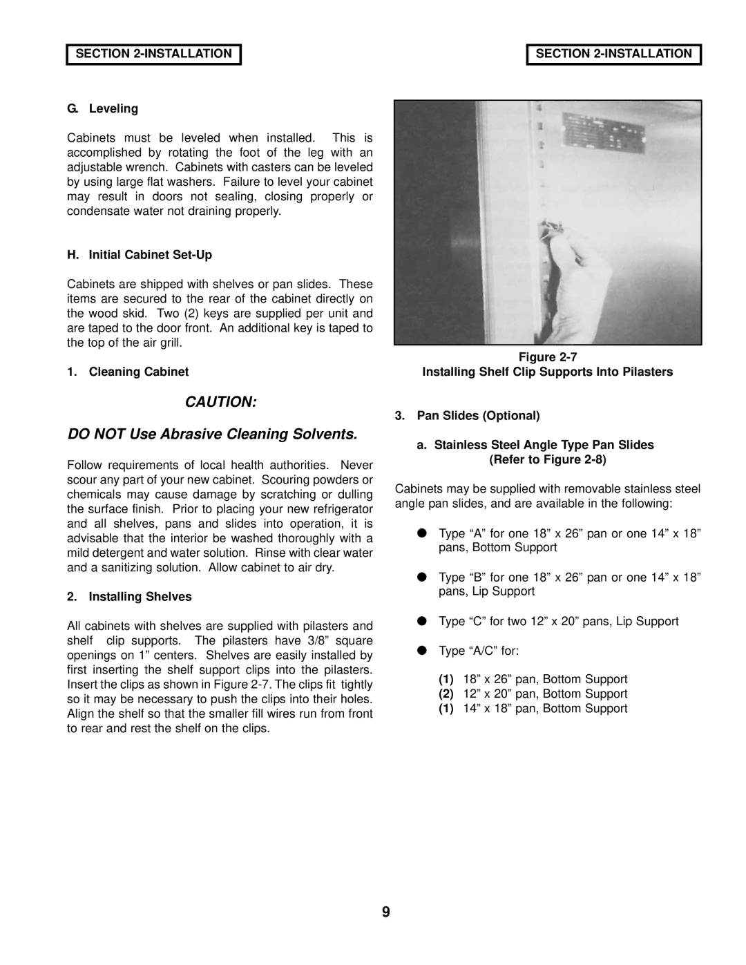 Victory Refrigeration V-Series manual Leveling, Initial Cabinet Set-Up, Cleaning Cabinet, Installing Shelves 