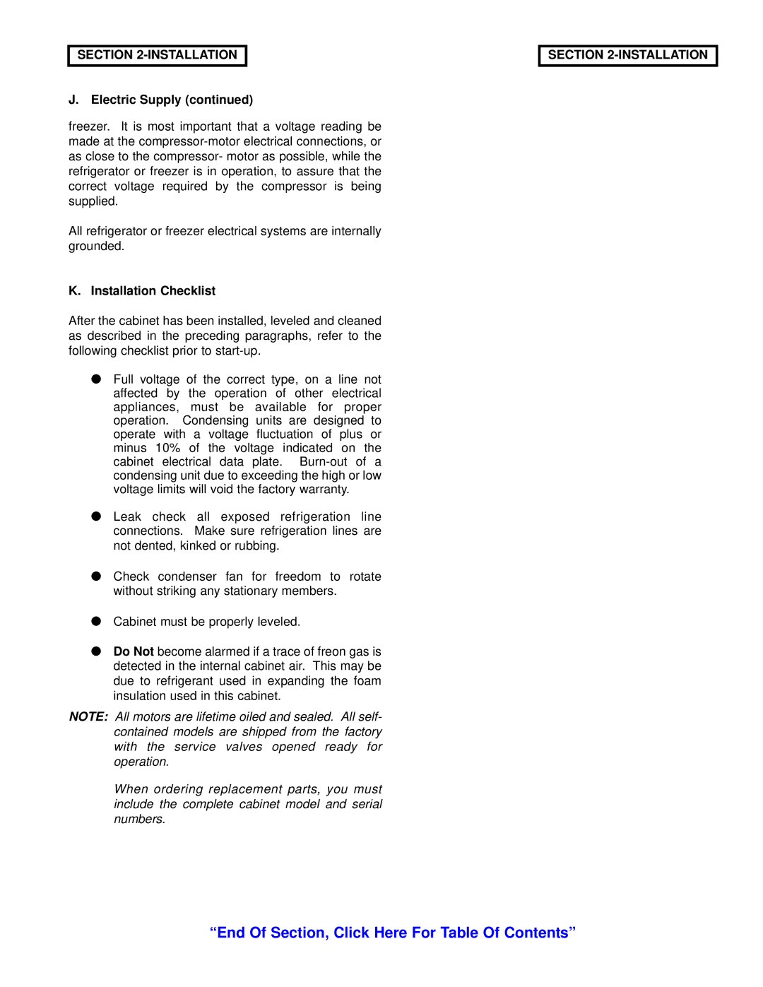 Victory Refrigeration V-Series manual Installation Checklist 