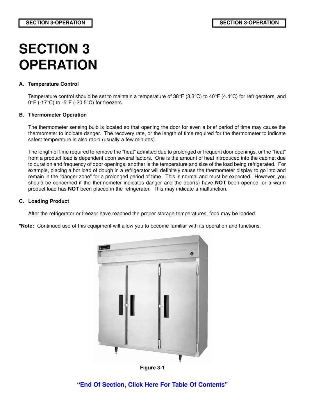 Victory Refrigeration V-Series manual Section Operation, Temperature Control, Thermometer Operation, Loading Product 