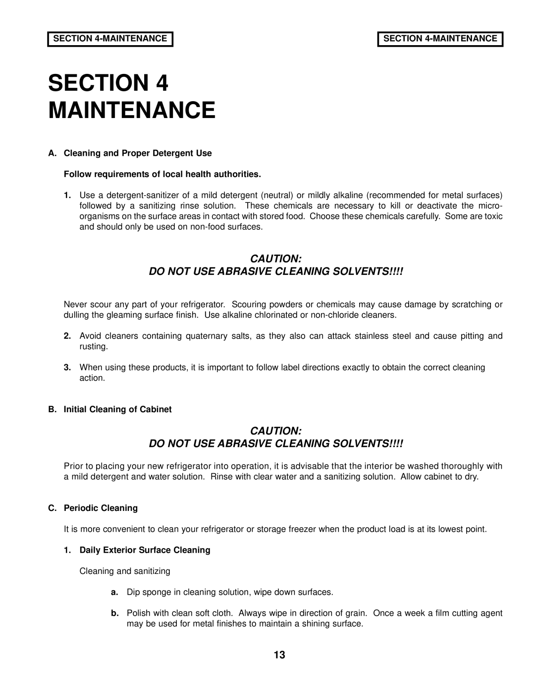 Victory Refrigeration V-Series manual Section Maintenance, Initial Cleaning of Cabinet, Periodic Cleaning 