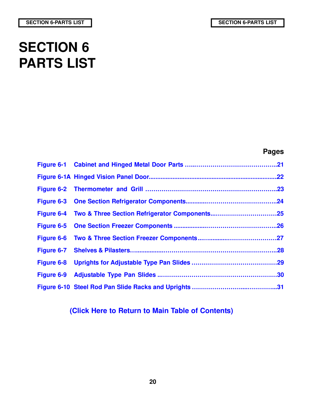 Victory Refrigeration V-Series manual Section Parts List, Click Here to Return to Main Table of Contents 