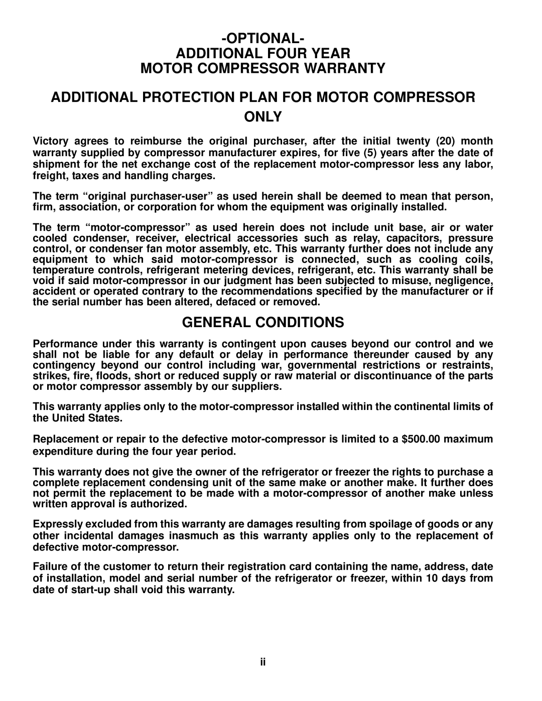 Victory Refrigeration V-Series manual General Conditions 