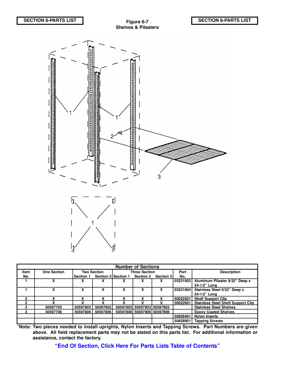 Victory Refrigeration V-Series manual Shelves & Pilasters, Number of Sections 