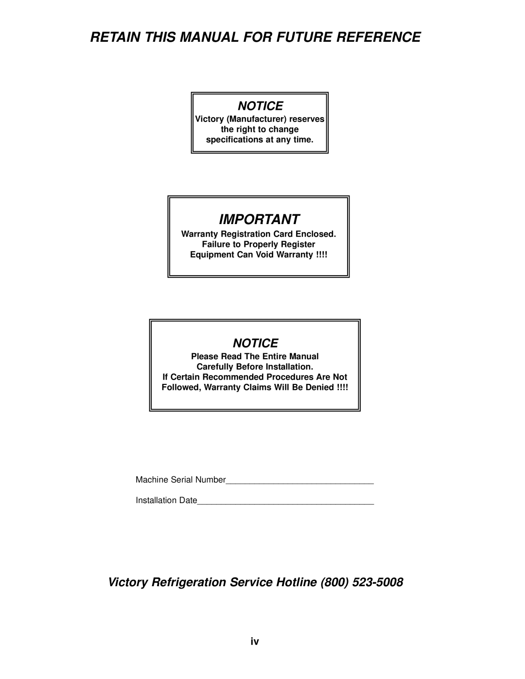 Victory Refrigeration V-Series manual Retain this Manual for Future Reference 