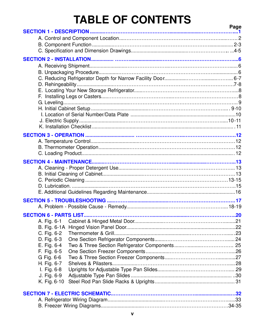 Victory Refrigeration V-Series manual Table of Contents 