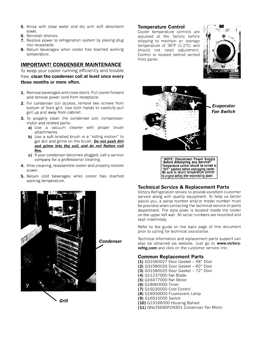 Victory Refrigeration VBB-72 TemperatureControl, TechnicalService& ReplacementParts, CommonReplacementParts, Condenser 