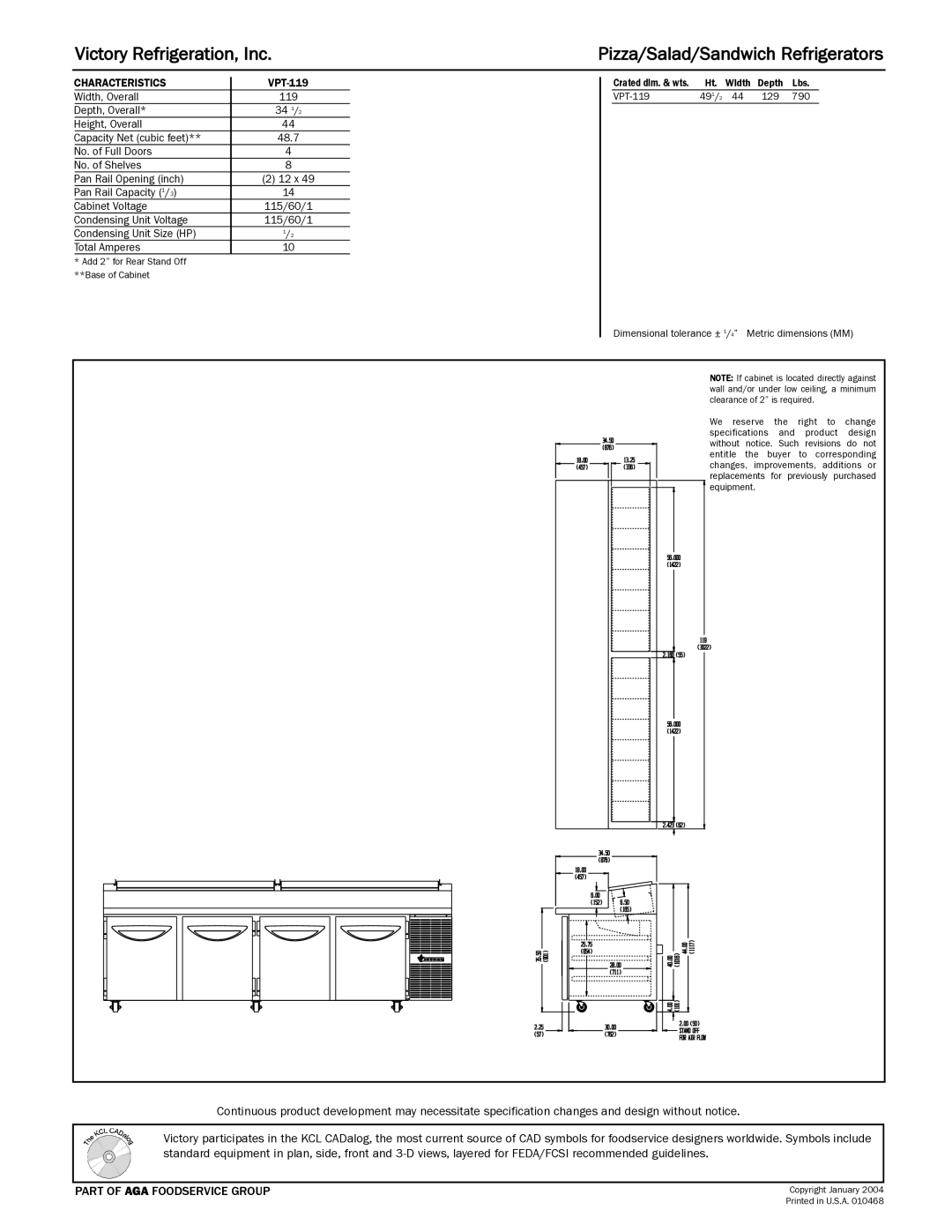 Victory Refrigeration VPT-119 specifications Victory Refrigeration, Inc 