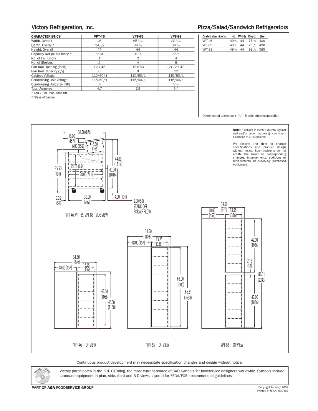 Victory Refrigeration specifications VPT-46 TOP View VPT-65 TOP View 