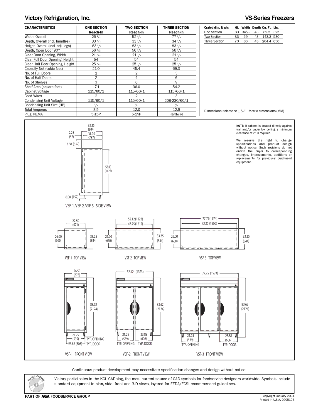 Victory Refrigeration VSF-3, VSF-2, VSF-1 specifications Victory Refrigeration, Inc 