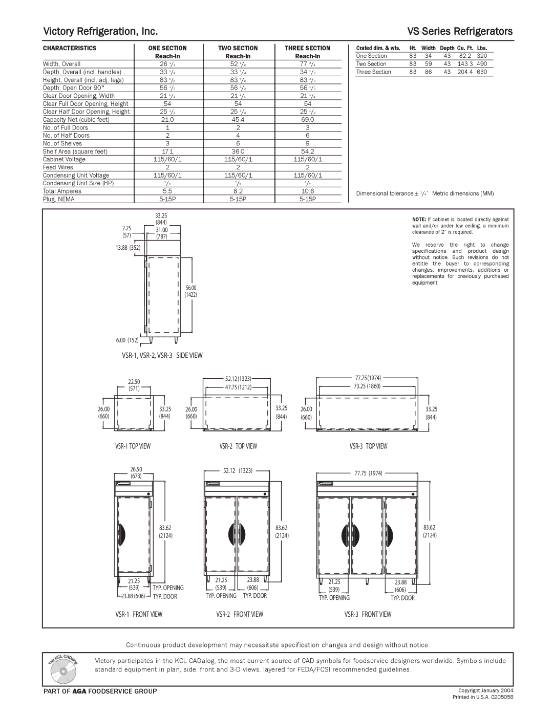 Victory Refrigeration VSR-1, VSR-3, VSR-2 specifications Victory Refrigeration, Inc 