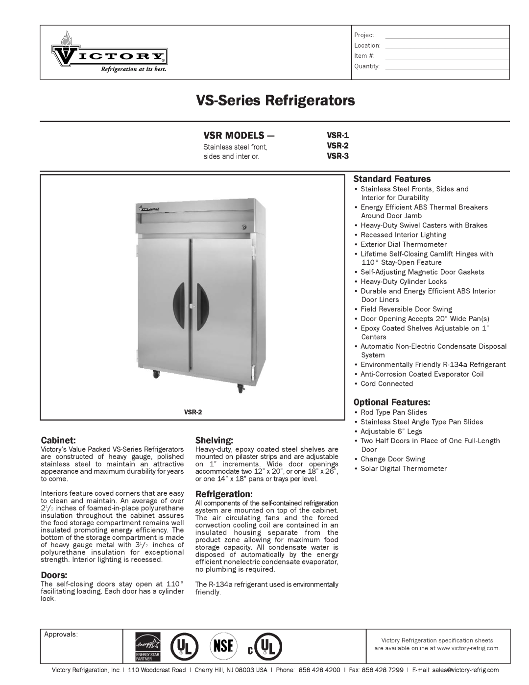 Victory Refrigeration VSR-2 specifications VS-SeriesRefrigerators, Vsr Models, Standard Features, Optional Features, Doors 