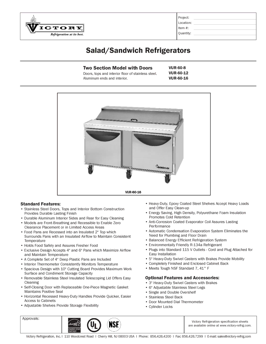 Victory Refrigeration VUR-60-8 specifications Salad/Sandwich Refrigerators, Two Section Model with Doors 