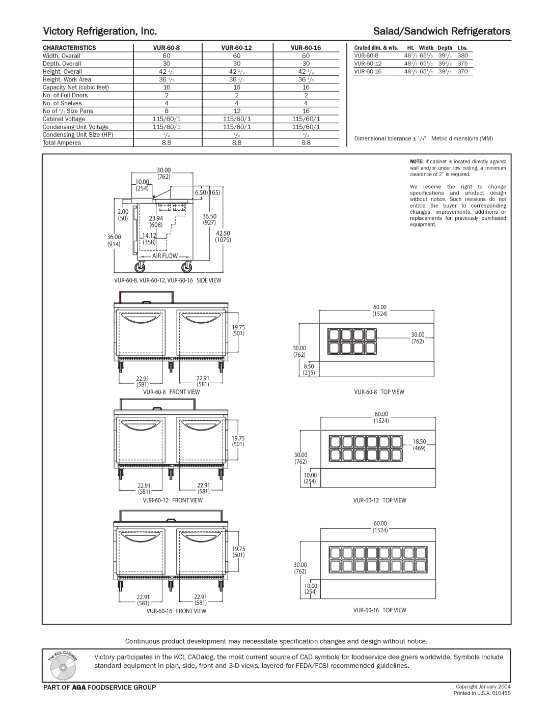 Victory Refrigeration VUR-60-8 Victory Refrigeration, Inc Salad/Sandwich Refrigerators, Characteristics, Height, Work Area 