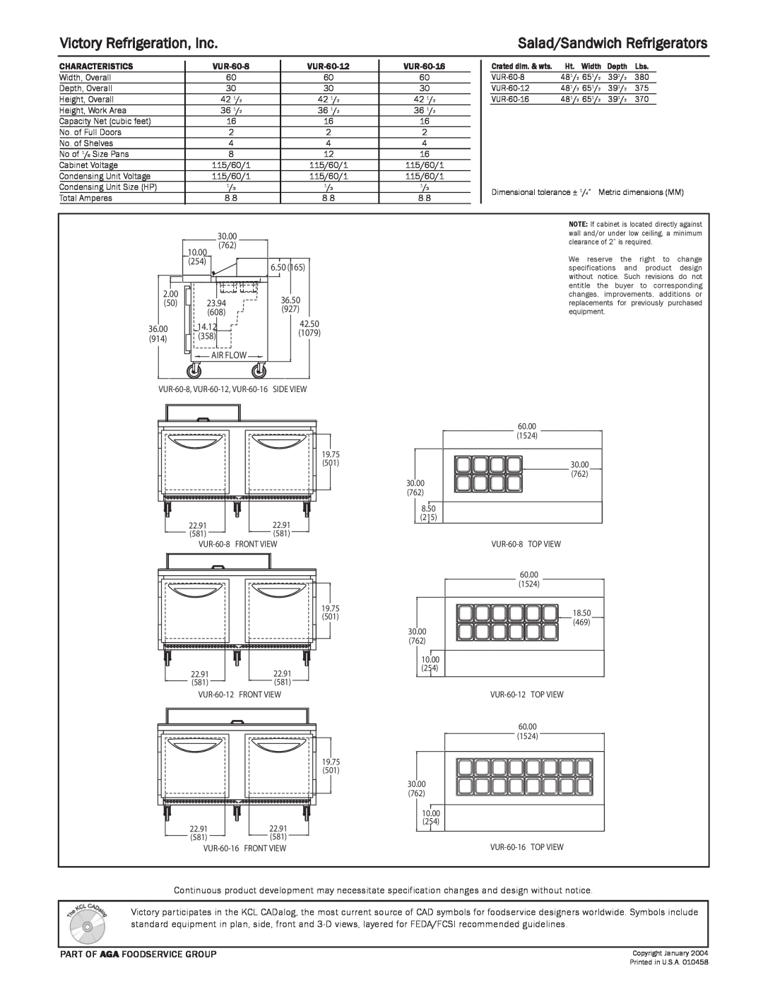 Victory Refrigeration VUR-60-8 specifications Victory Refrigeration, Inc, Salad/Sandwich Refrigerators 