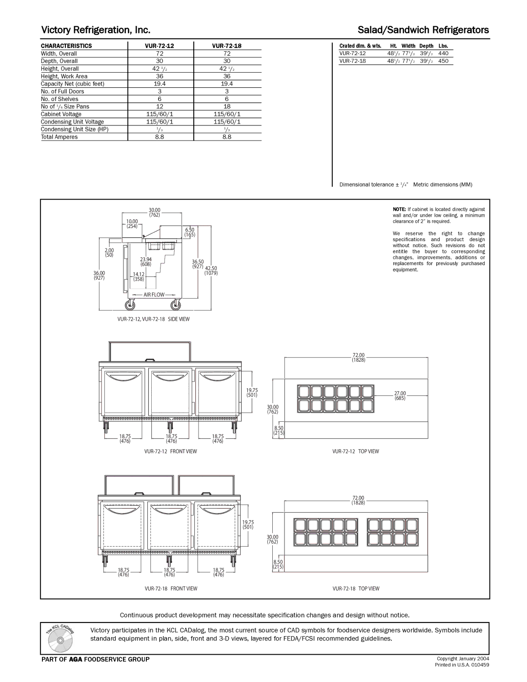 Victory Refrigeration VUR-72-12-18 specifications Victory Refrigeration, Inc Salad/Sandwich Refrigerators, Characteristics 