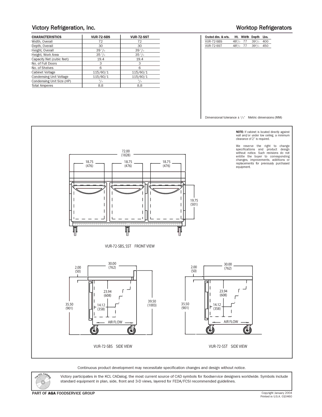 Victory Refrigeration VUR-72-SST, VUR-72-SBS specifications Victory Refrigeration, Inc, Worktop Refrigerators 