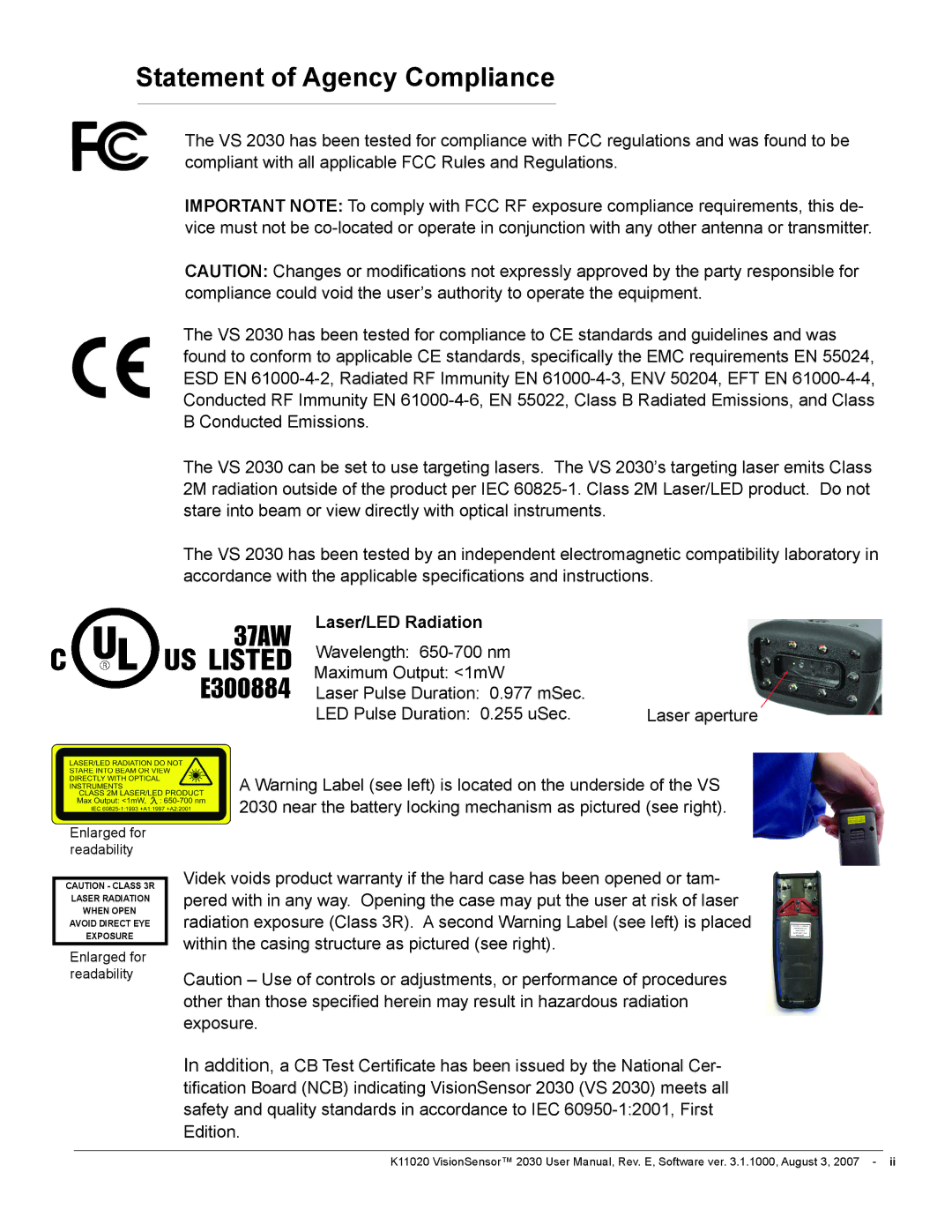 Videk 2030 manual Statement of Agency Compliance, Laser/LED Radiation 