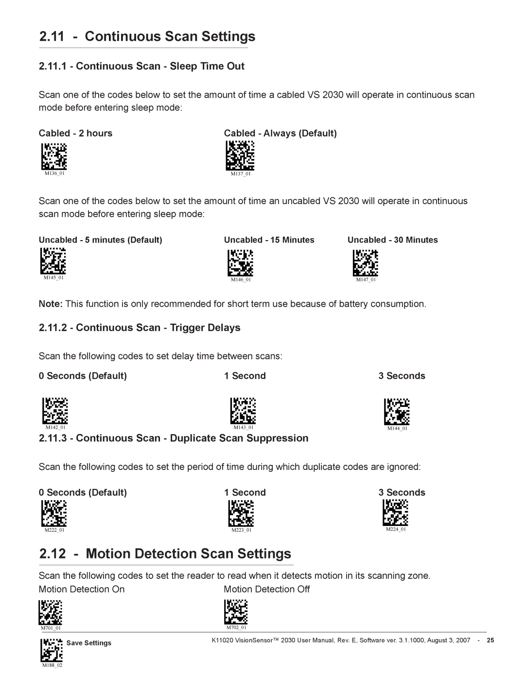 Videk 2030 manual Continuous Scan Settings, Motion Detection Scan Settings, Seconds Default 