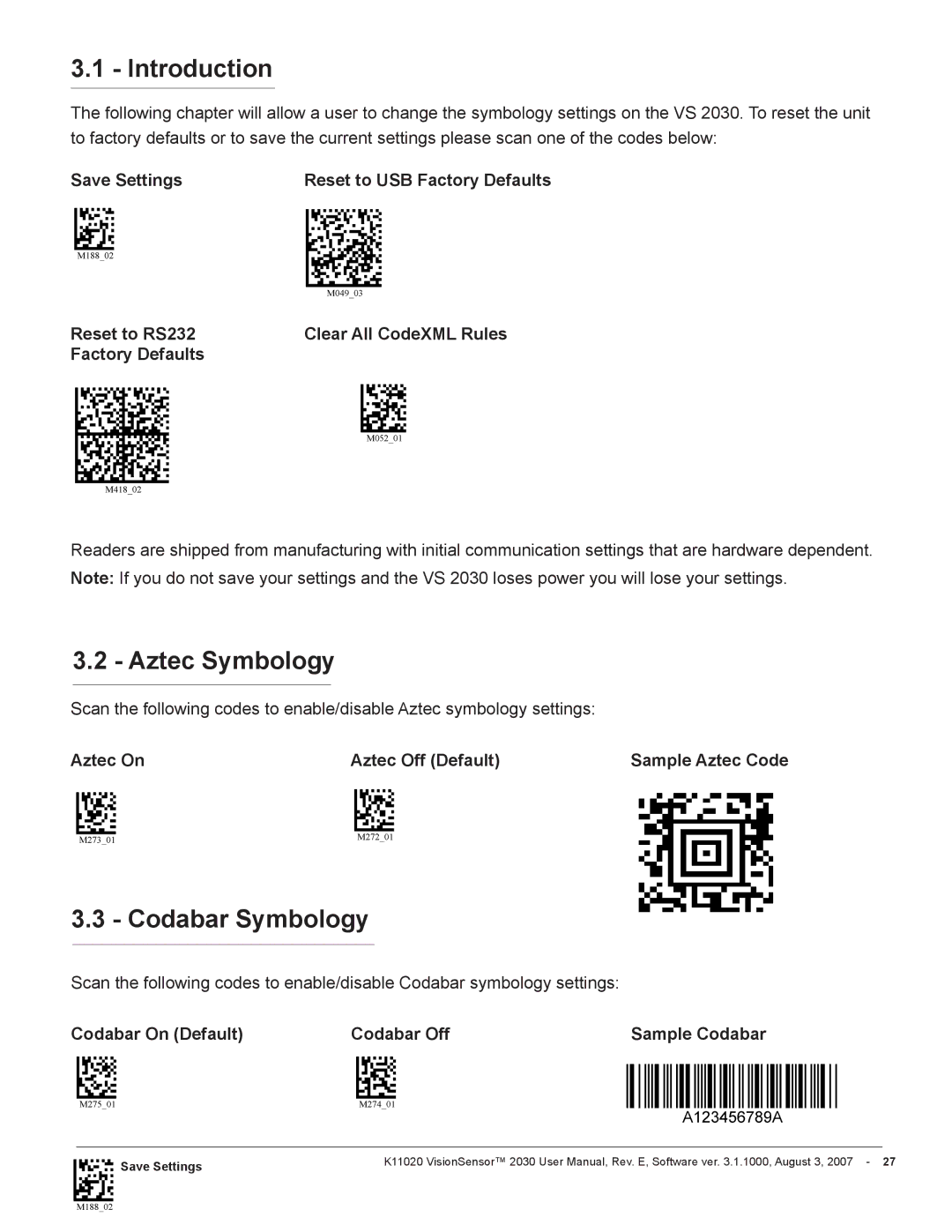 Videk 2030 manual Aztec Symbology, Codabar Symbology 