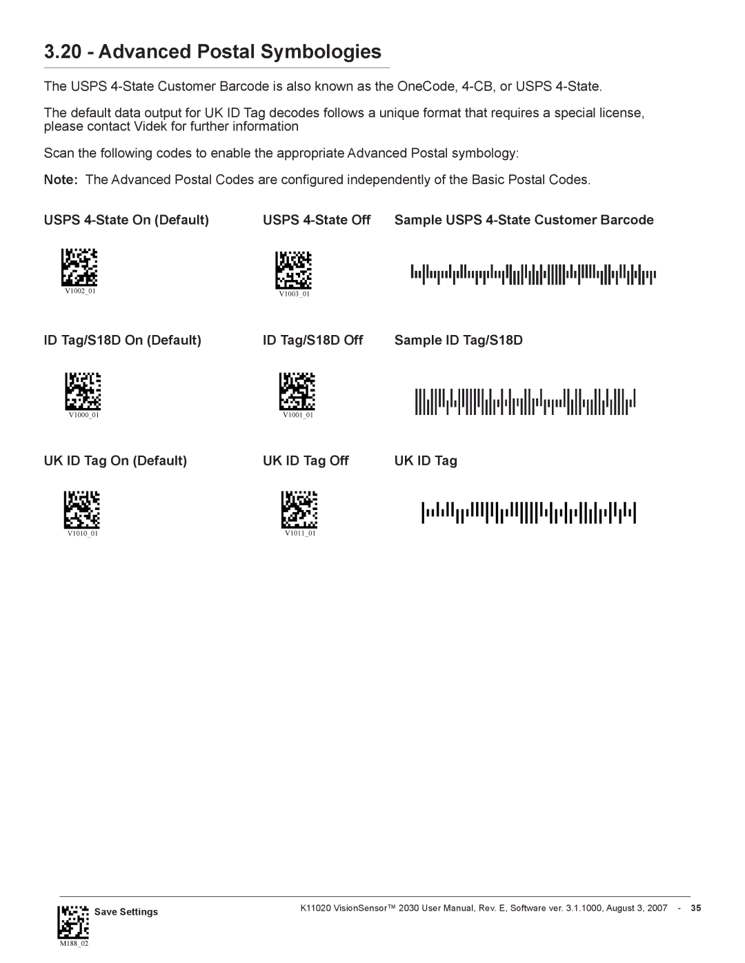 Videk 2030 manual Advanced Postal Symbologies, UK ID Tag On Default UK ID Tag Off 