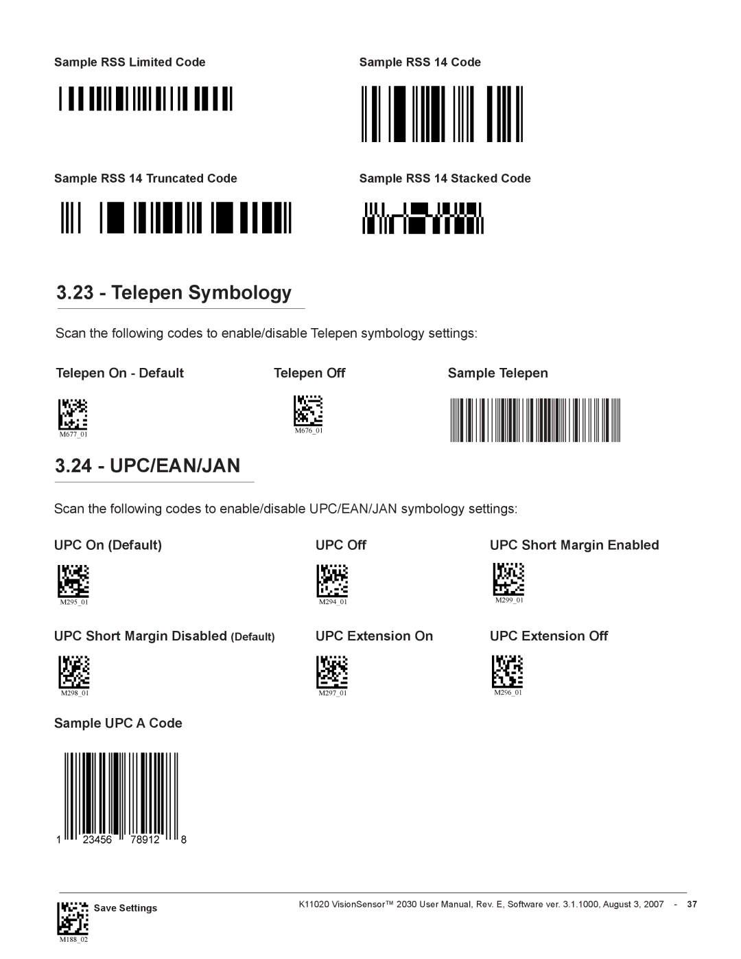 Videk 2030 manual Telepen Symbology, Upc/Ean/Jan 