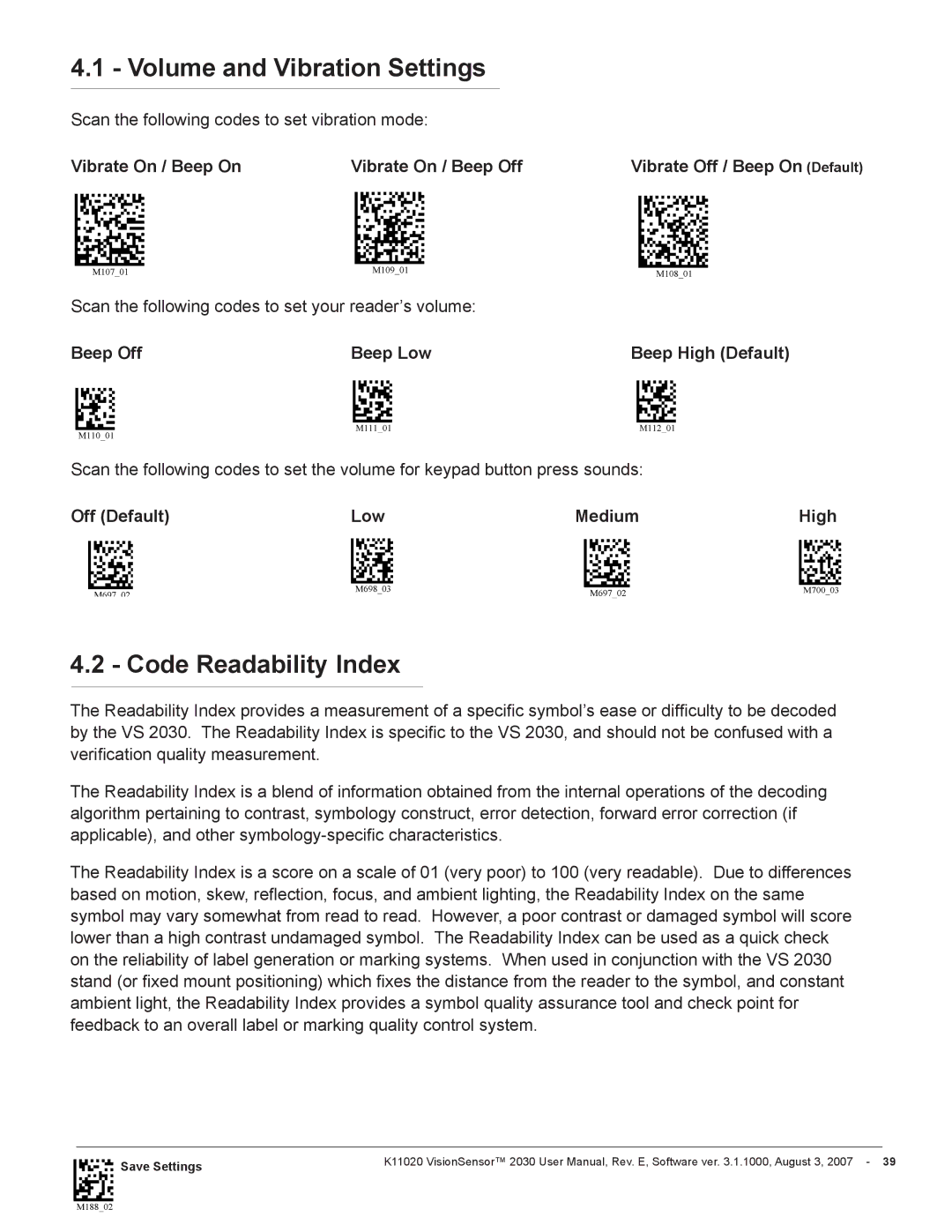 Videk 2030 manual Volume and Vibration Settings, Code Readability Index, Vibrate On / Beep On Vibrate On / Beep Off 