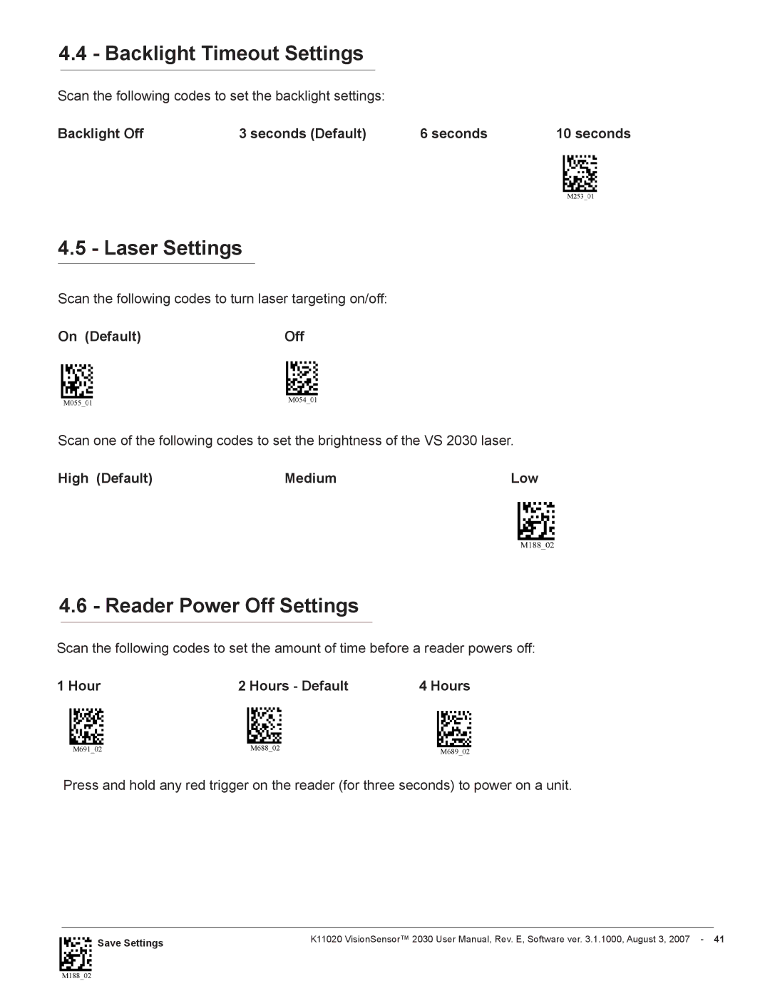 Videk 2030 manual Backlight Timeout Settings, Laser Settings, Reader Power Off Settings 