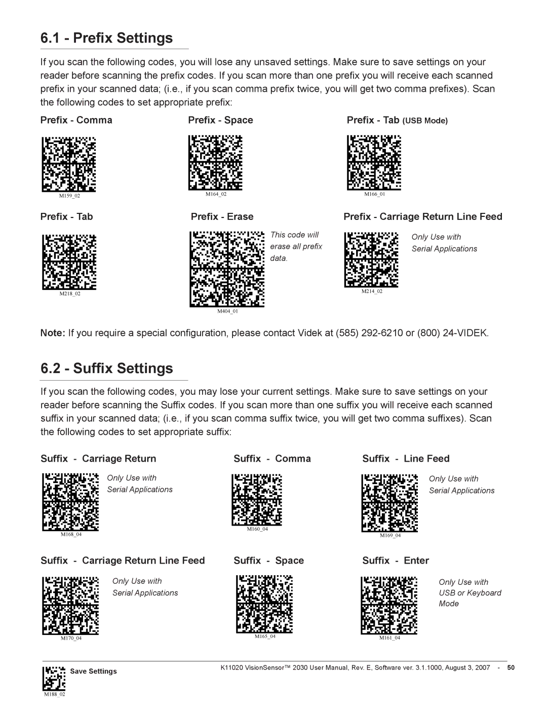 Videk 2030 manual Prefix Settings, Suffix Settings, Prefix Comma Prefix Space 