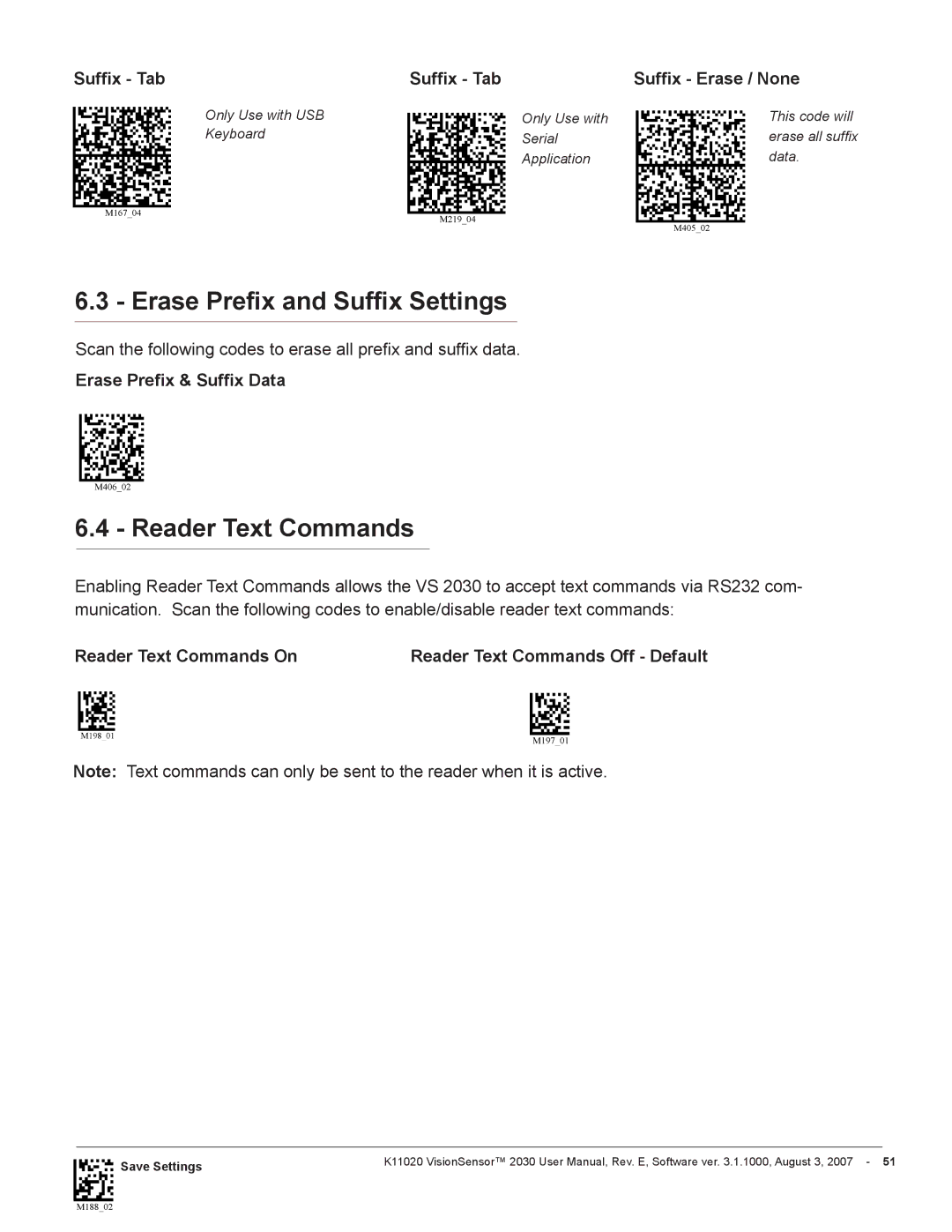 Videk 2030 manual Erase Prefix and Suffix Settings, Erase Prefix & Suffix Data, Reader Text Commands On 