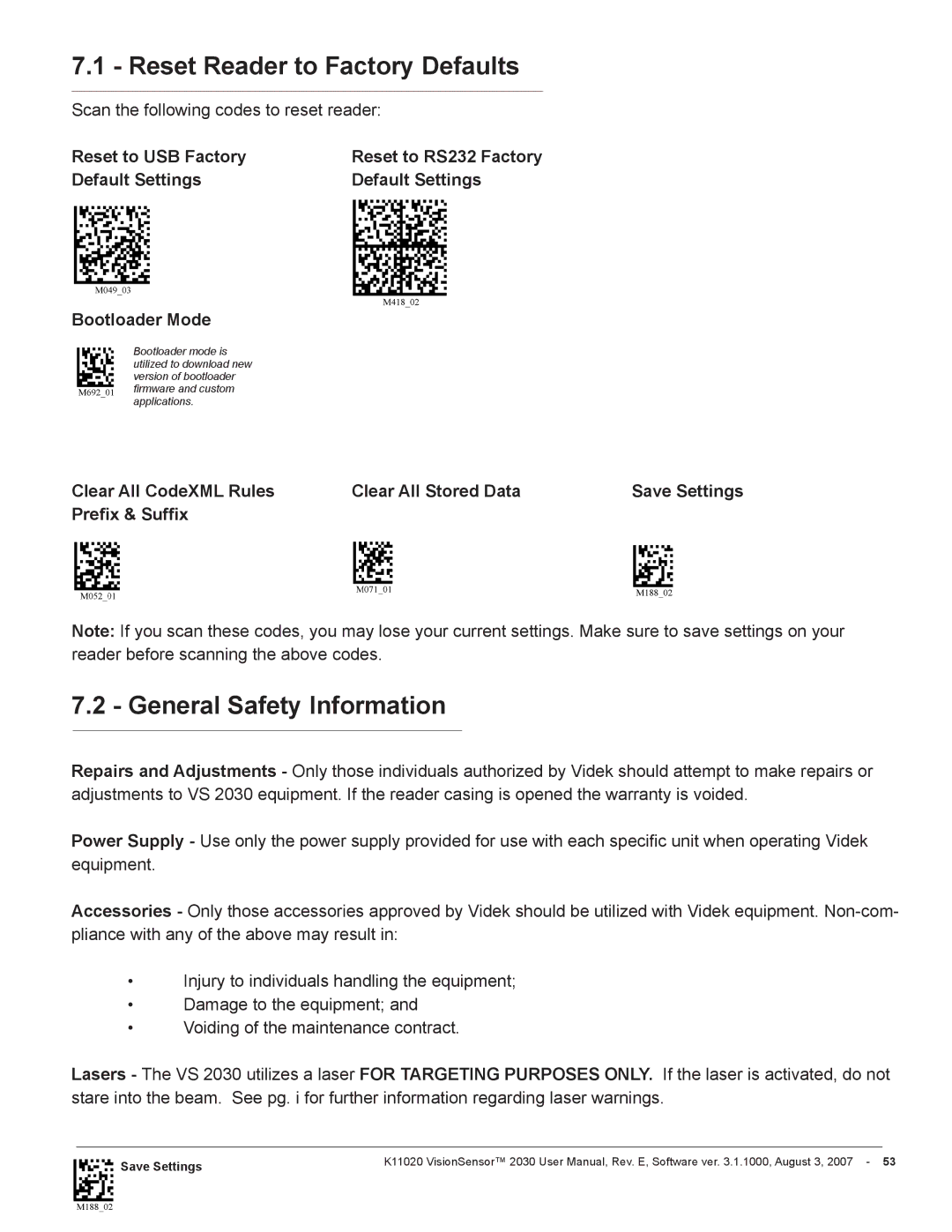 Videk 2030 manual Reset Reader to Factory Defaults, General Safety Information 