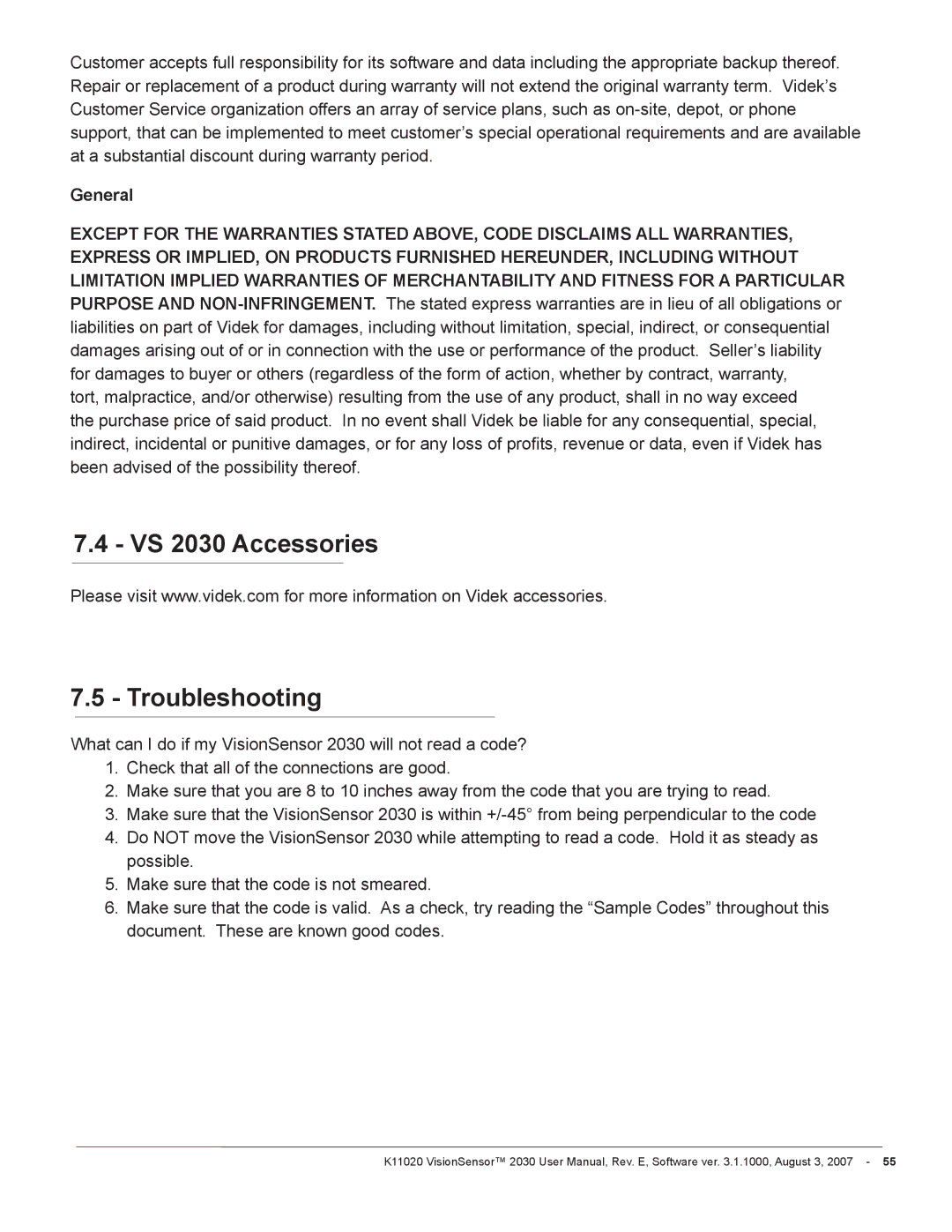 Videk manual VS 2030 Accessories Troubleshooting, General 