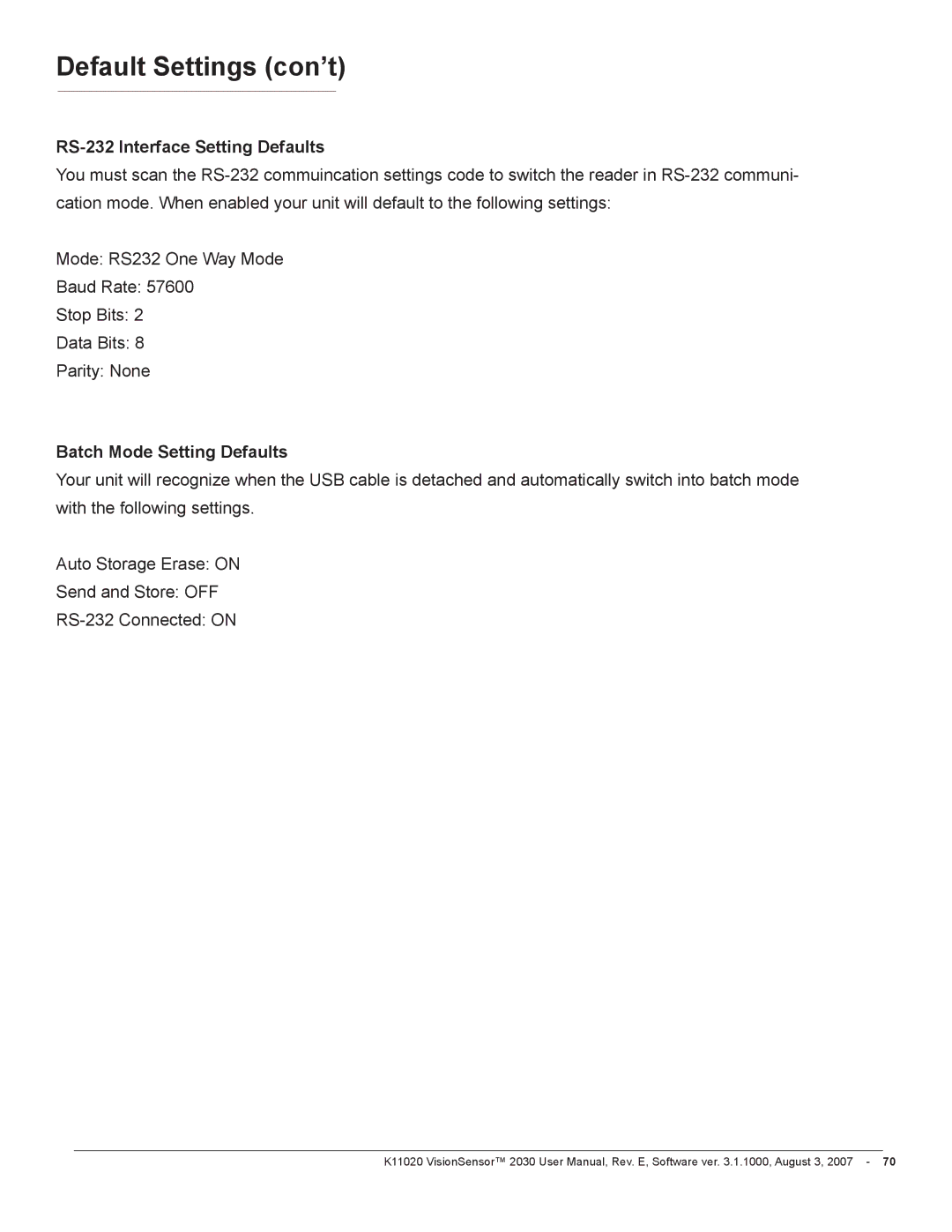 Videk 2030 manual RS-232 Interface Setting Defaults, Batch Mode Setting Defaults 
