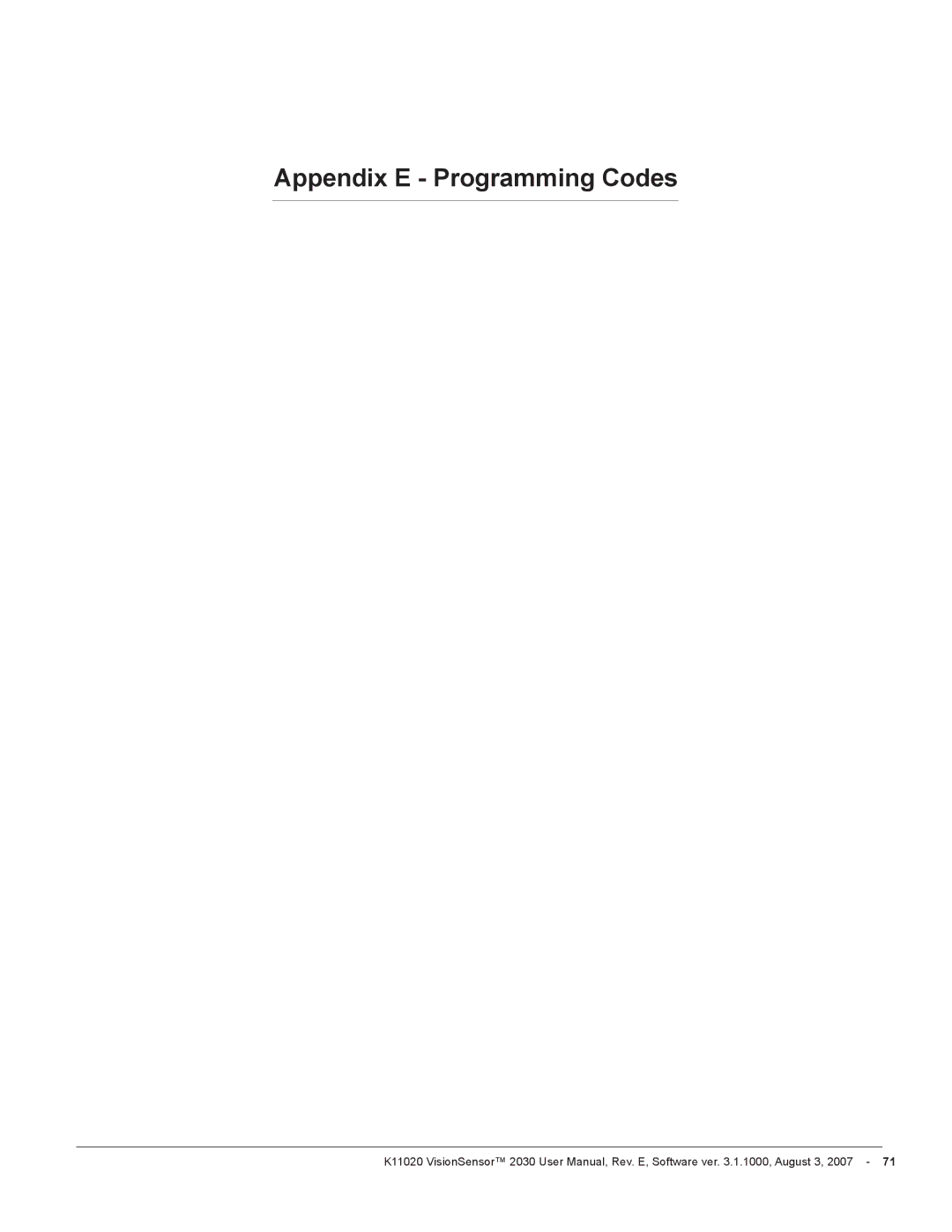 Videk 2030 manual Appendix E Programming Codes 