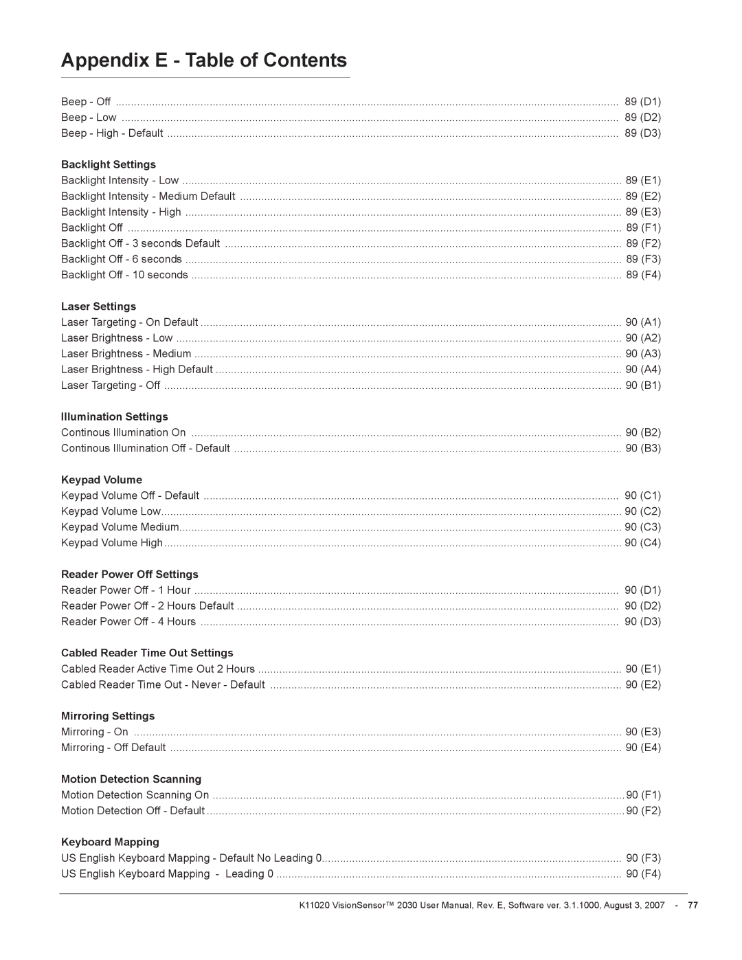 Videk 2030 manual Backlight Settings, Laser Settings, Illumination Settings, Keypad Volume, Reader Power Off Settings 