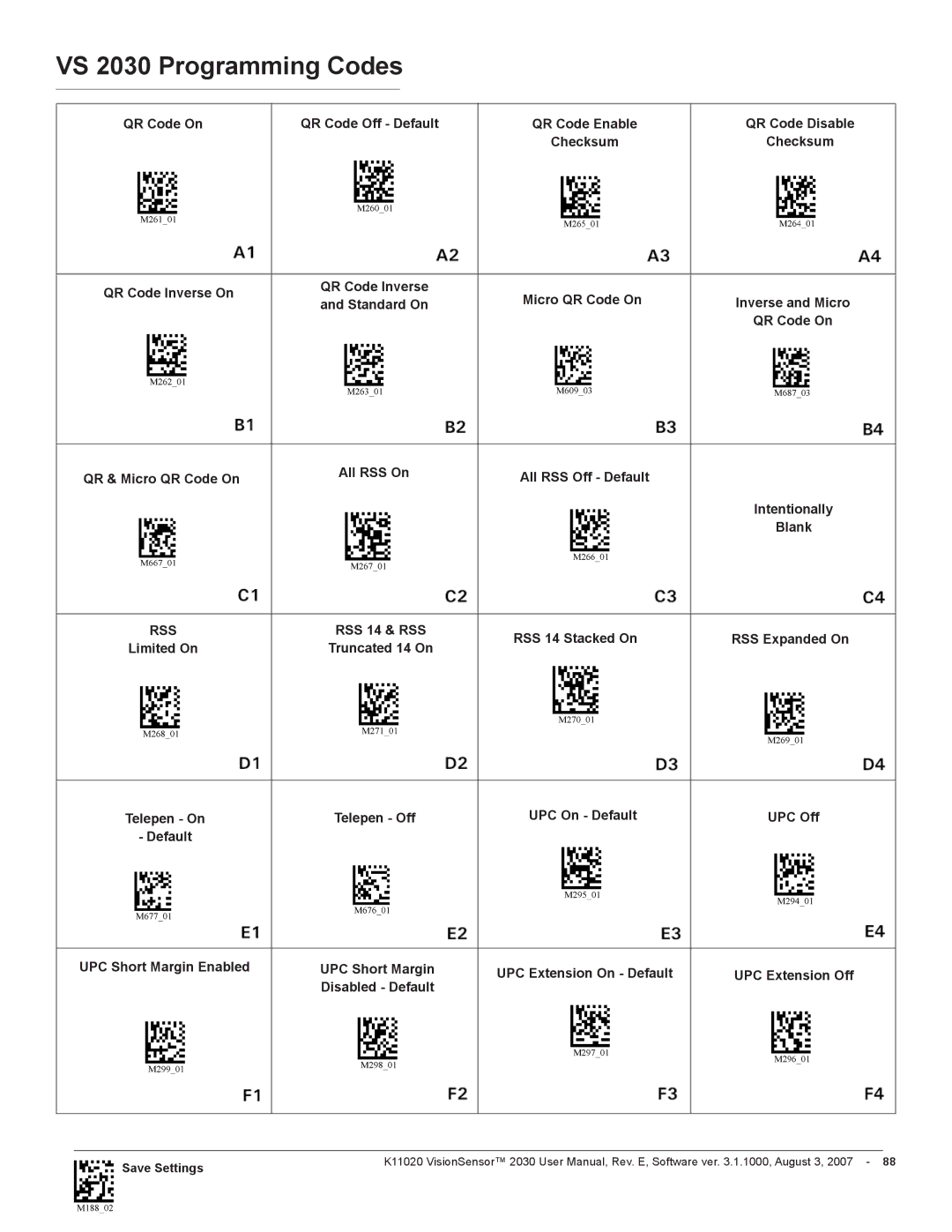 Videk 2030 manual QR Code On QR Code Off Default QR Code Enable, QR Code Inverse On QR & Micro QR Code On 