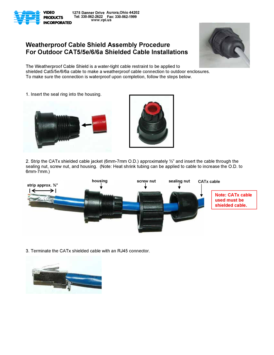 Video Products RJ45-5EWTP-QR-PCB manual Terminate the CATx shielded cable with an RJ45 connector 