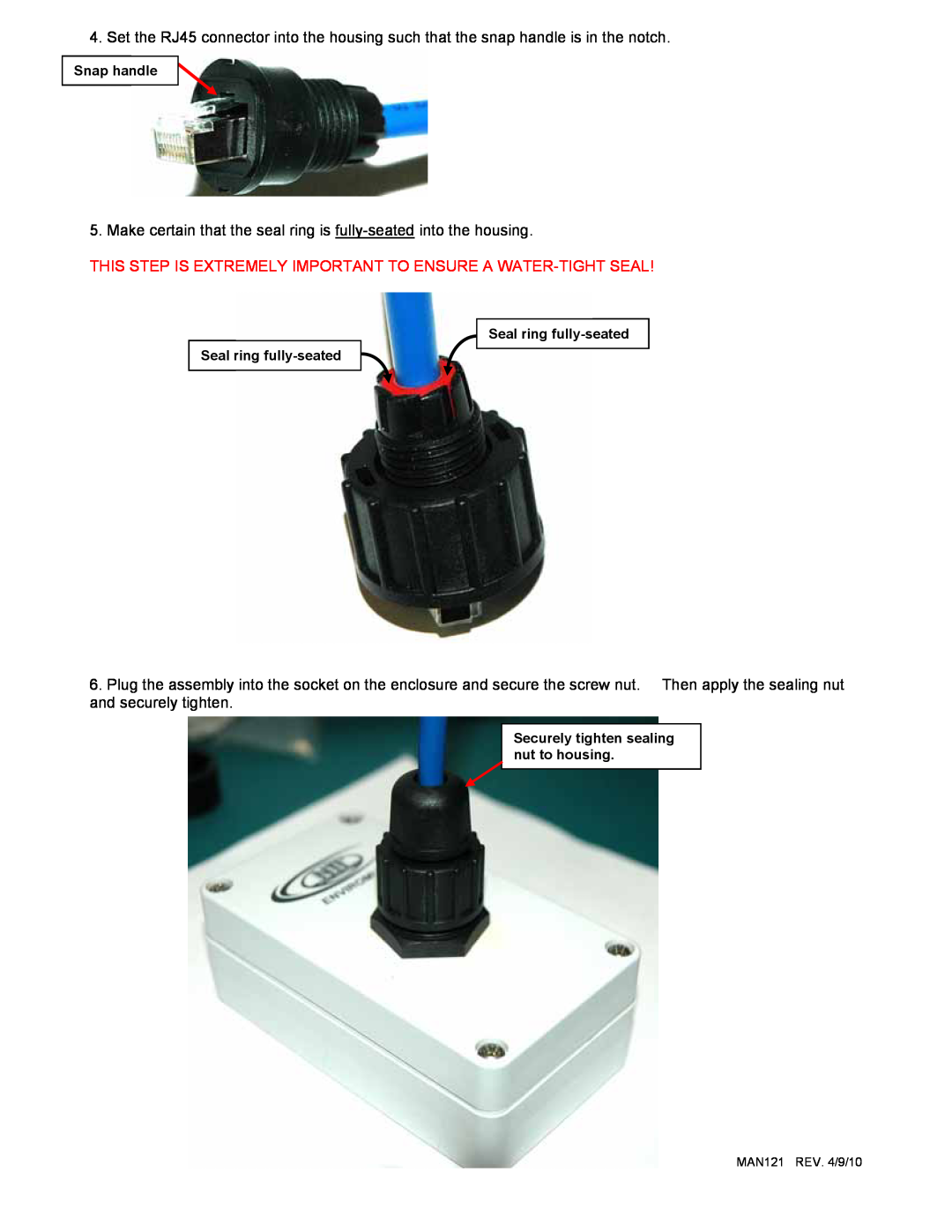 Video Products RJ45-5EWTP-QR-PCB manual Make certain that the seal ring is fully-seated into the housing 