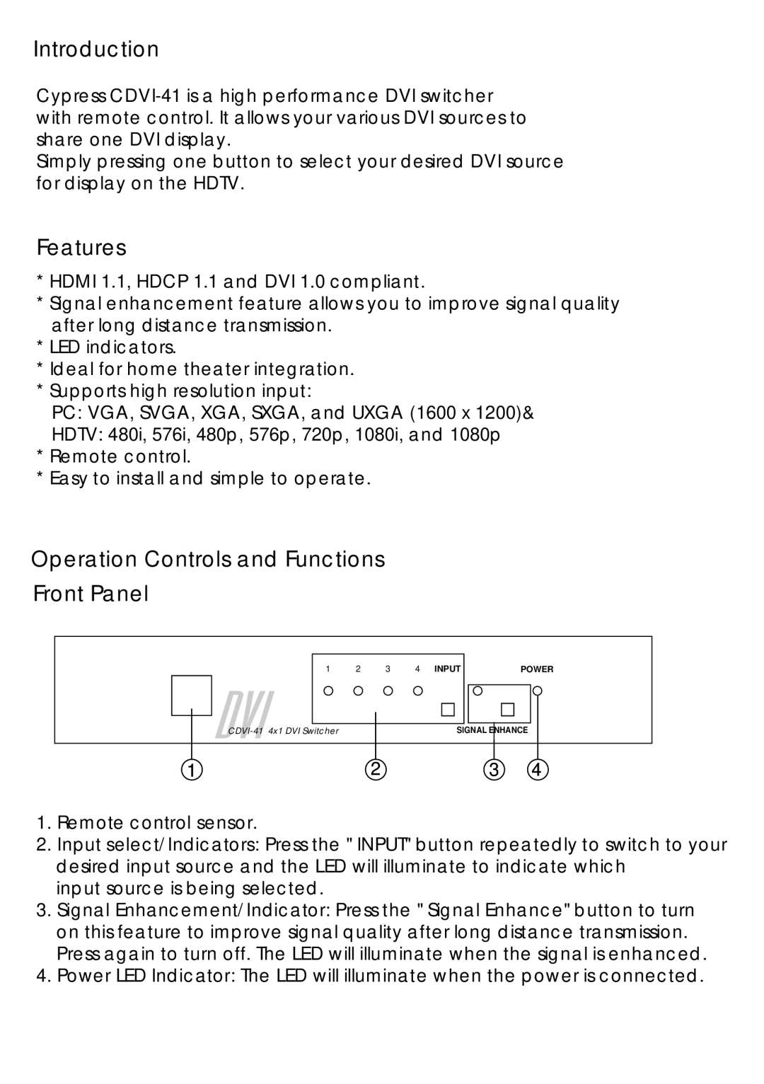 Video Products SE-DVI-4-LC operation manual Introduction, Features, Operation Controls and Functions Front Panel 