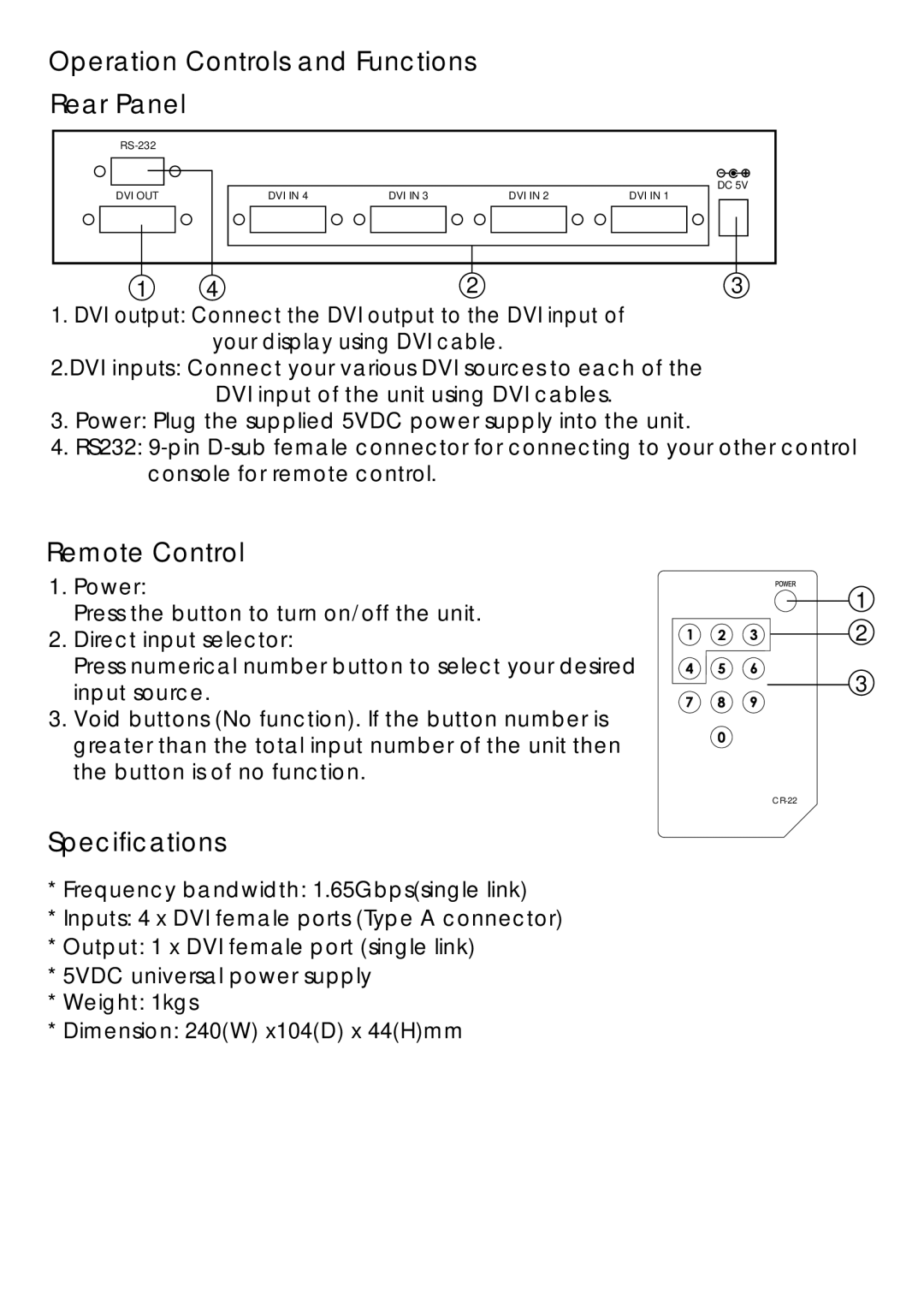 Video Products SE-DVI-4-LC operation manual Operation Controls and Functions Rear Panel, Remote Control, Specifications 